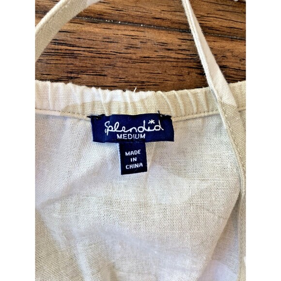 Splendid Tan White Camo Linen Blend Sleeveless Fray Hem Mini Dress Medium - Picture 5 of 8